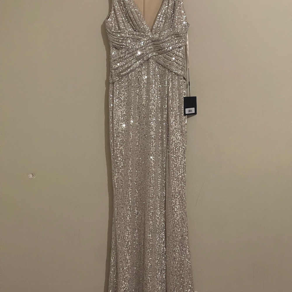 Mac Duggal Silver Sequin Plunge Maxi Gown